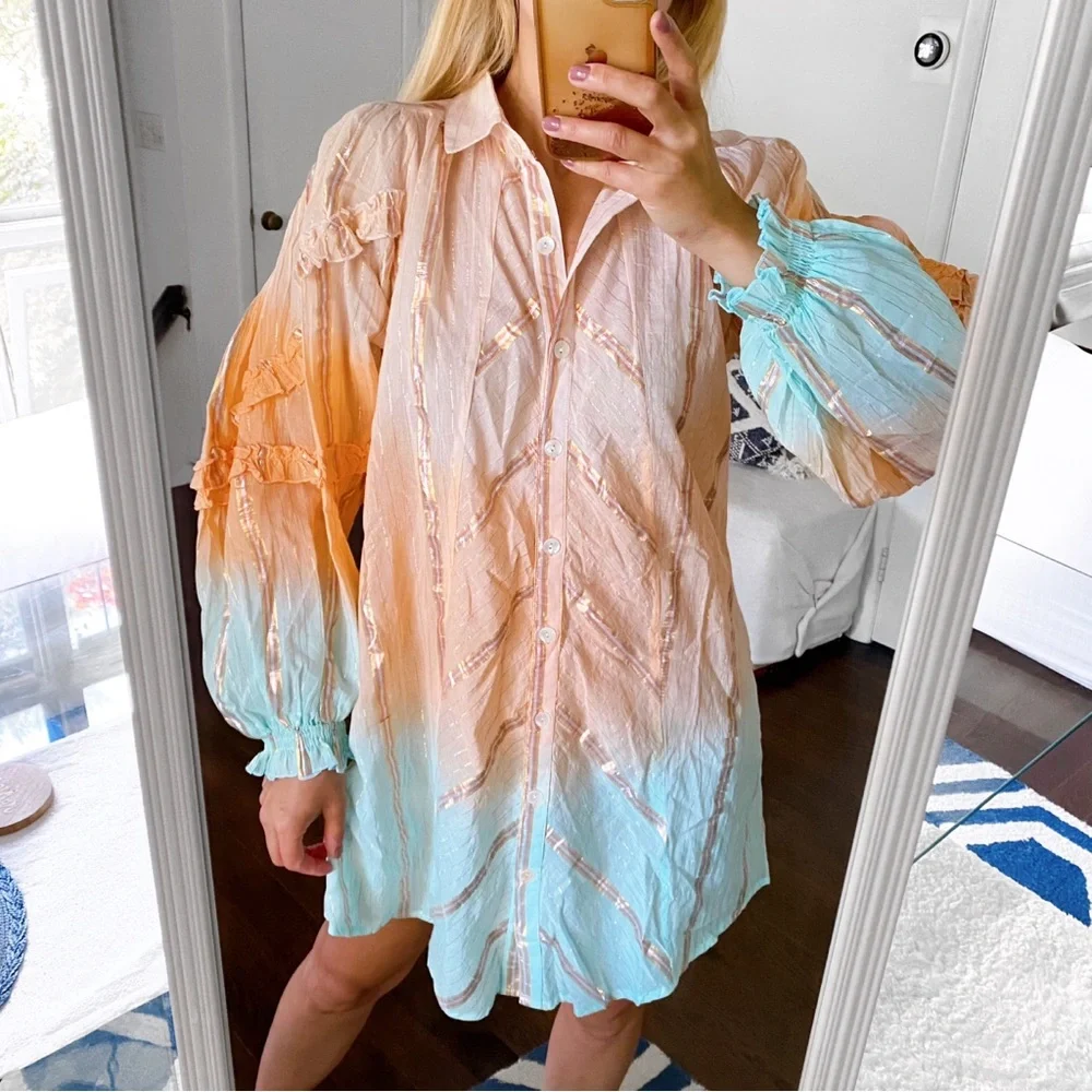 🩵 MISS JUNE PEACH BLUE OMBRÉ COLLARED LOOSE FIT MINI DRESS! (no belt) - Picture 5 of 16